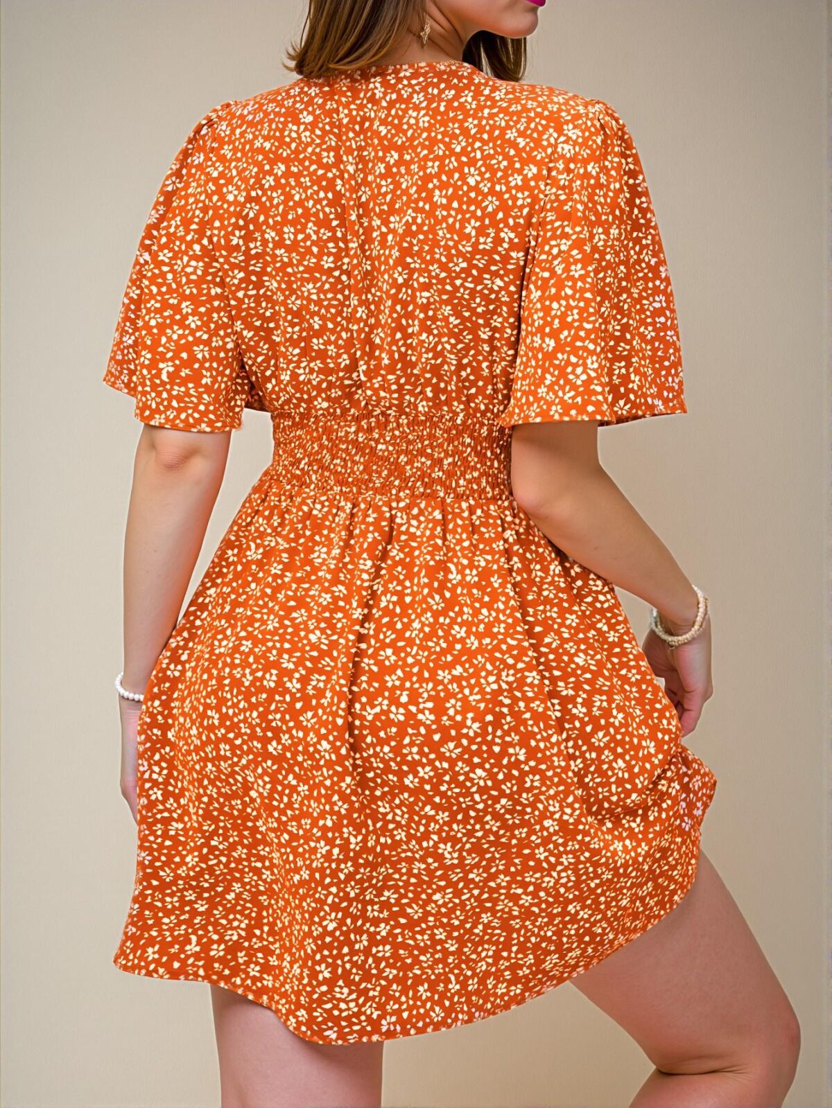 Elegant Orange Ruffled Floral Print Midi Dress with Pleated Waist for Beach Vacations Chic, Classy and Trendy Fashion Style to Dress to Impress - Image 2
