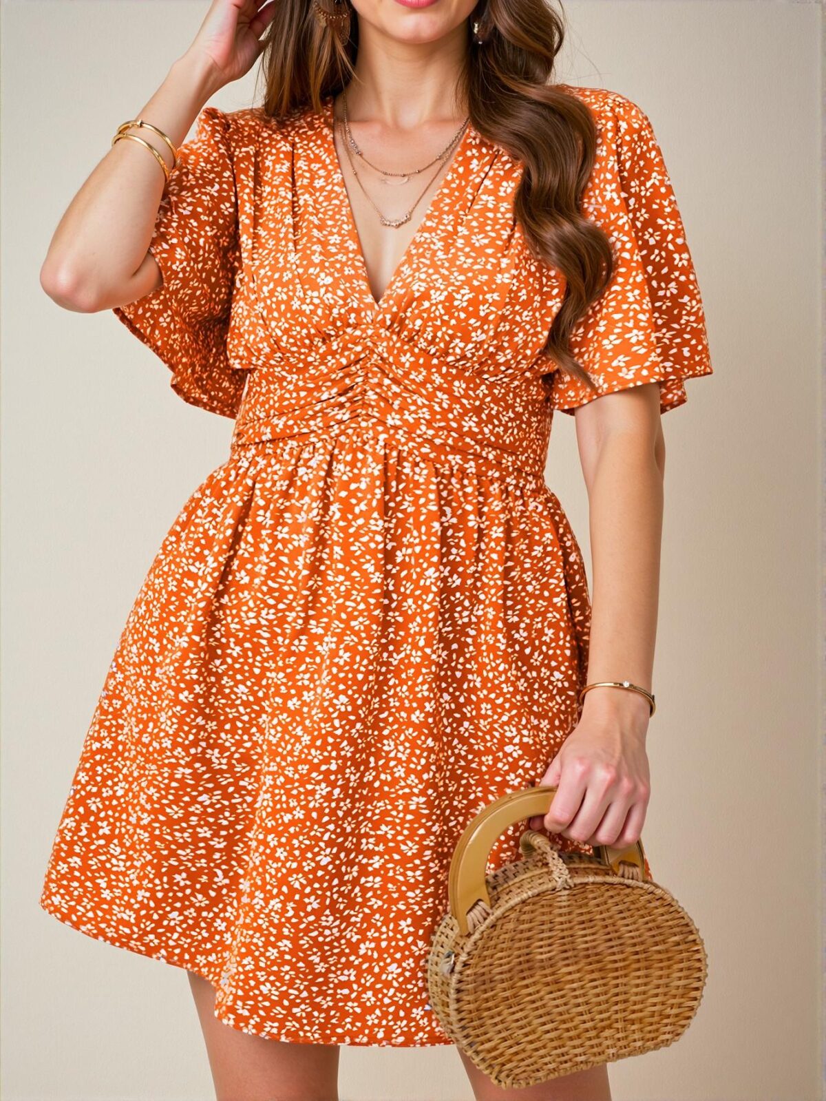 Elegant Orange Ruffled Floral Print Midi Dress with Pleated Waist for Beach Vacations Chic, Classy and Trendy Fashion Style to Dress to Impress - Image 3