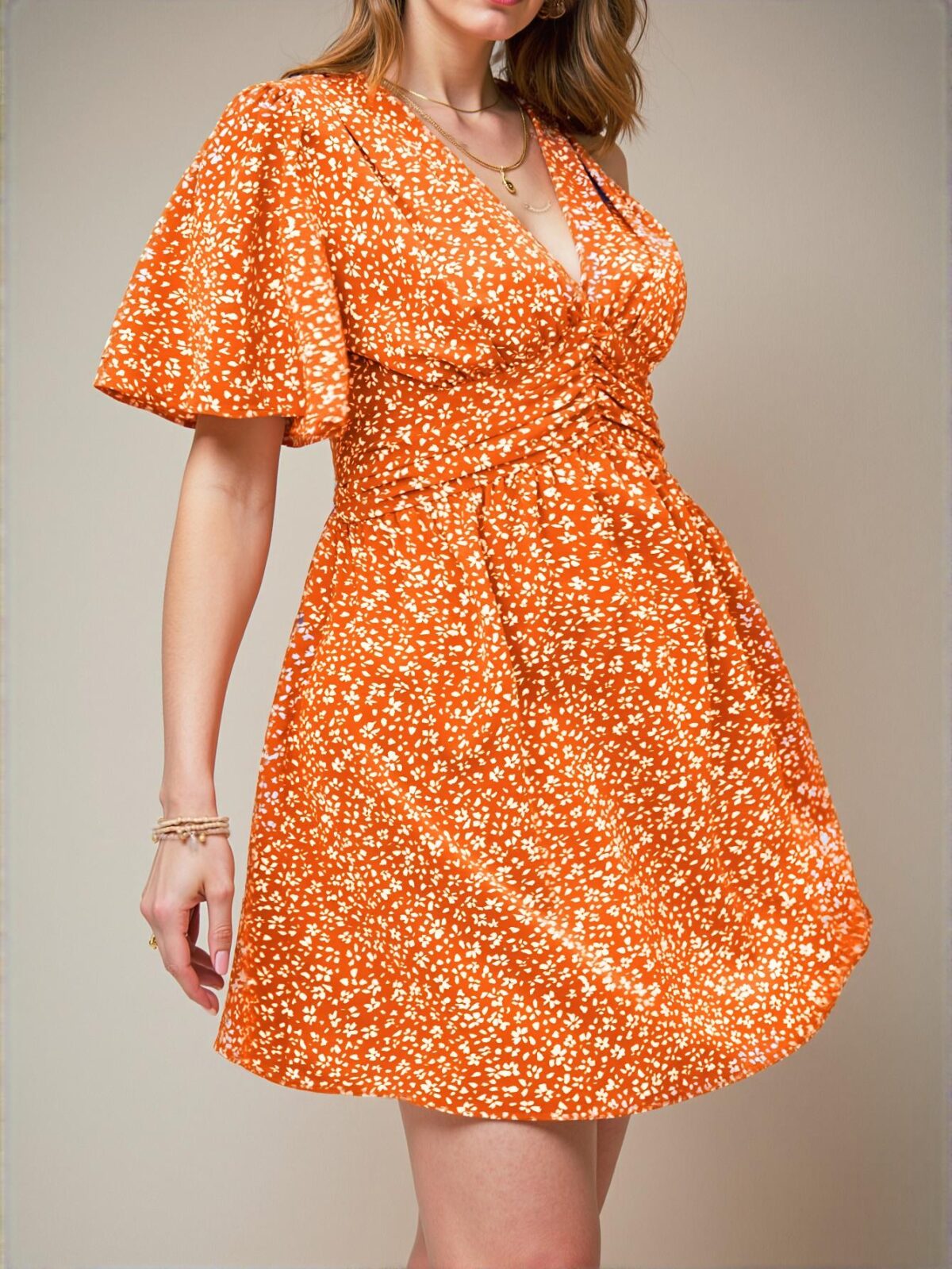 Elegant Orange Ruffled Floral Print Midi Dress with Pleated Waist for Beach Vacations Chic, Classy and Trendy Fashion Style to Dress to Impress - Image 4