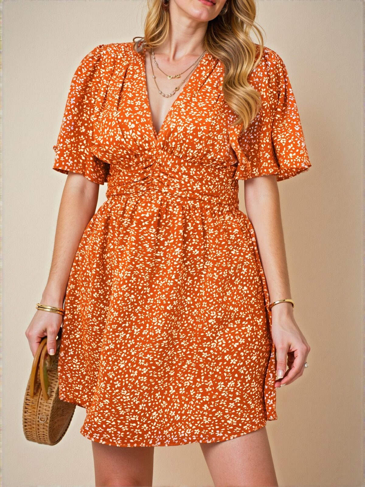 Elegant Orange Ruffled Floral Print Midi Dress with Pleated Waist for Beach Vacations Chic, Classy and Trendy Fashion Style to Dress to Impress - Image 5