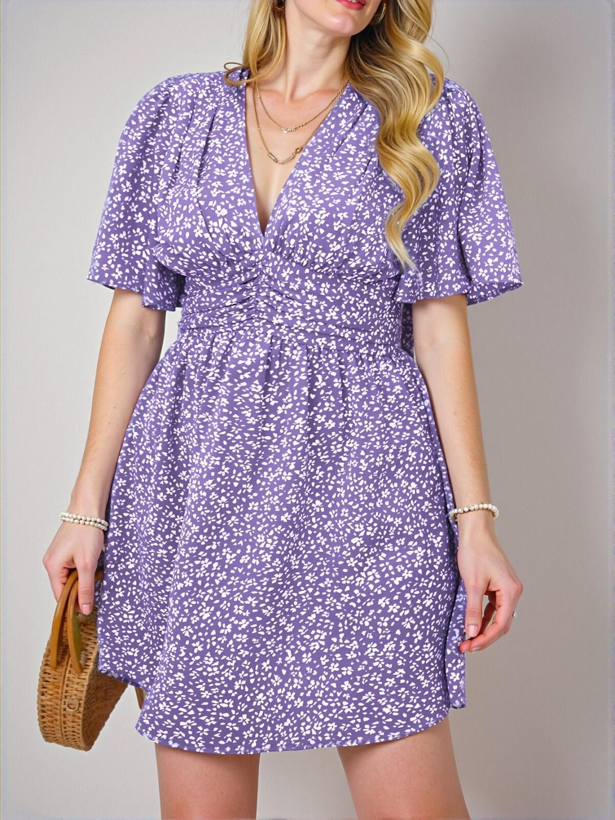 Elegant Purple Bohemian V-Neck Allover Printed Waist-Cinching Midi Dress for Summer - Chic, Classy and Trendy Fashion Style to Dress to Impress - Image 3