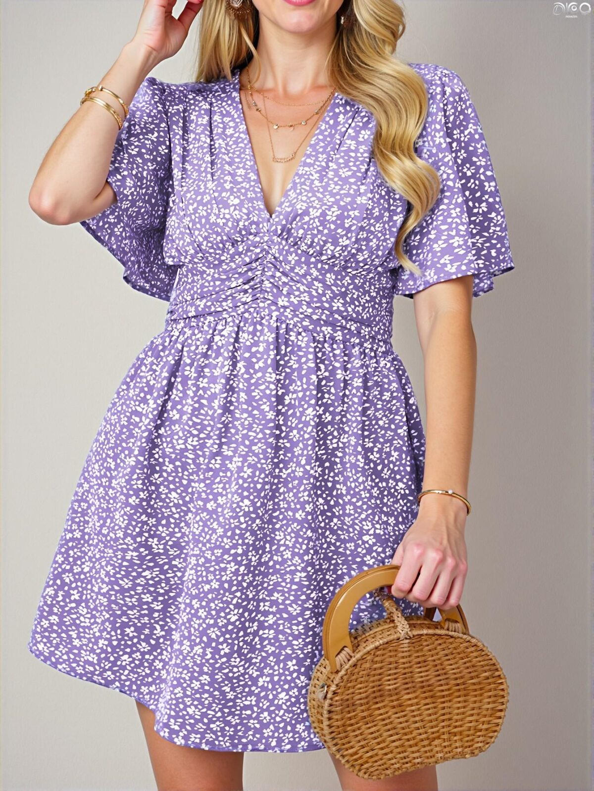 Elegant Purple Bohemian V-Neck Allover Printed Waist-Cinching Midi Dress for Summer - Chic, Classy and Trendy Fashion Style to Dress to Impress - Image 4