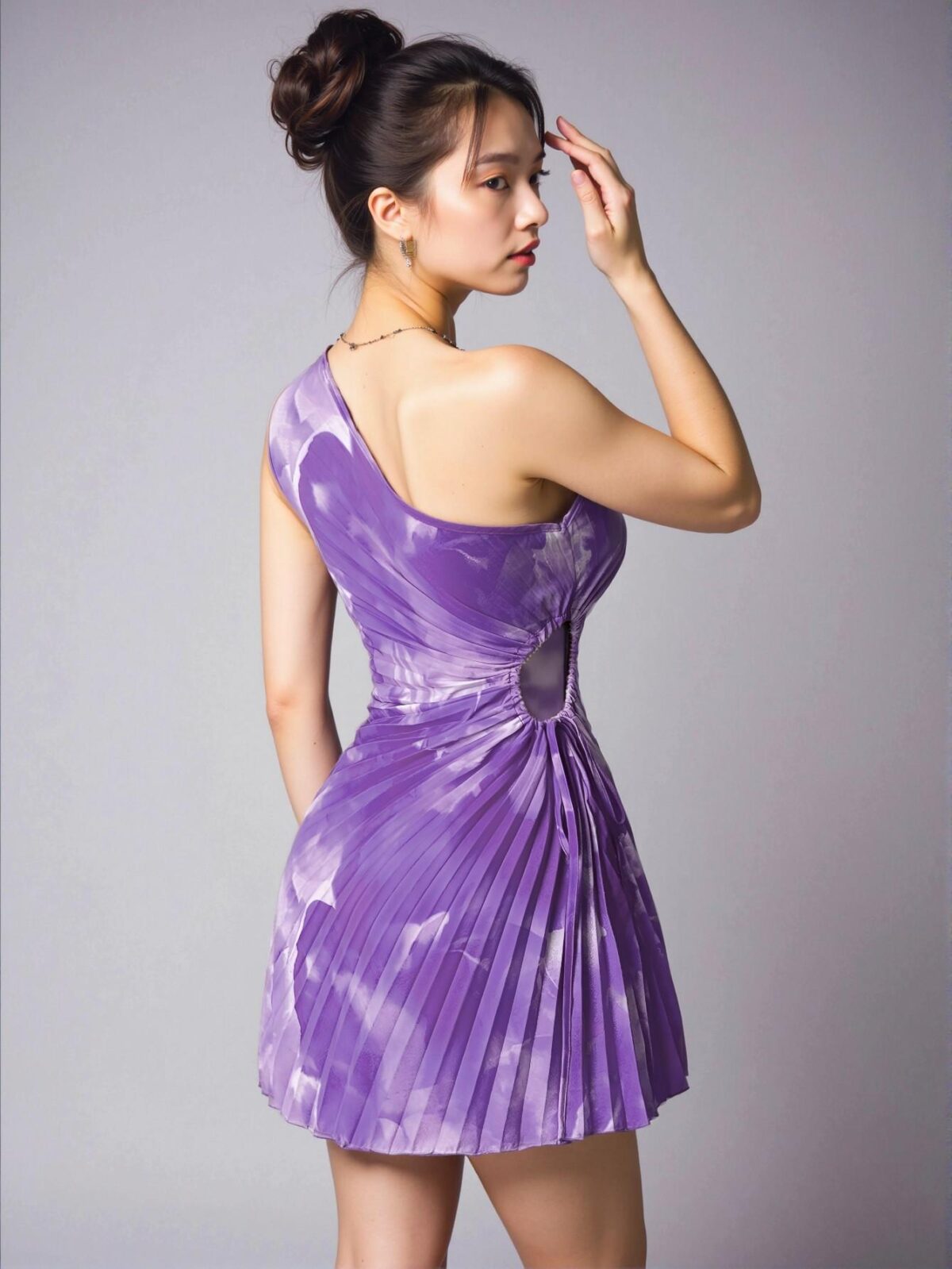 Elegant Purple Asymmetrical One Shoulder Pleated Tie-Dye Dress for Warm Weather - Chic, Classy and Trendy Fashion Style to Dress to Impress - Image 2