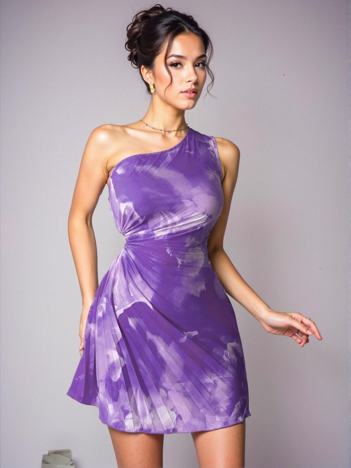 Elegant Purple Asymmetrical One Shoulder Pleated Tie-Dye Dress for Warm Weather - Chic, Classy and Trendy Fashion Style to Dress to Impress - Image 3