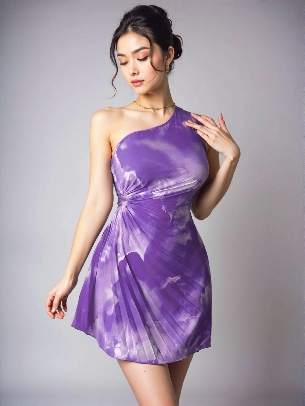 Elegant Purple Asymmetrical One Shoulder Pleated Tie-Dye Dress for Warm Weather - Chic, Classy and Trendy Fashion Style to Dress to Impress - Image 4