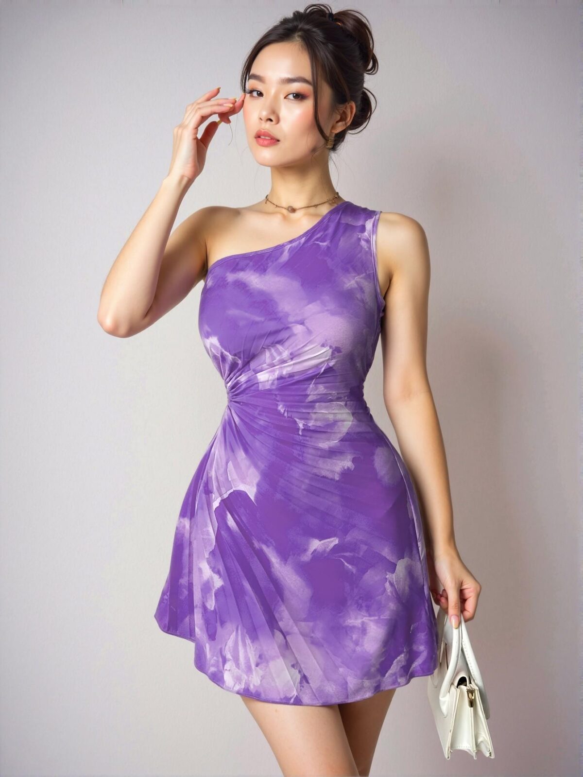 Elegant Purple Asymmetrical One Shoulder Pleated Tie-Dye Dress for Warm Weather - Chic, Classy and Trendy Fashion Style to Dress to Impress - Image 5
