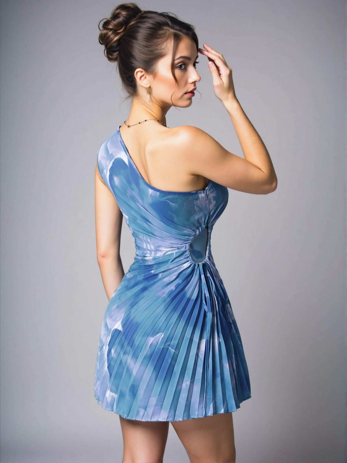Elegant Teal Blue Asymmetrical Neck Pleated A-Line Casual Vacation Dress for Spring and Summer - Chic, Classy and Trendy Fashion Style to Dress to Impress - Image 2