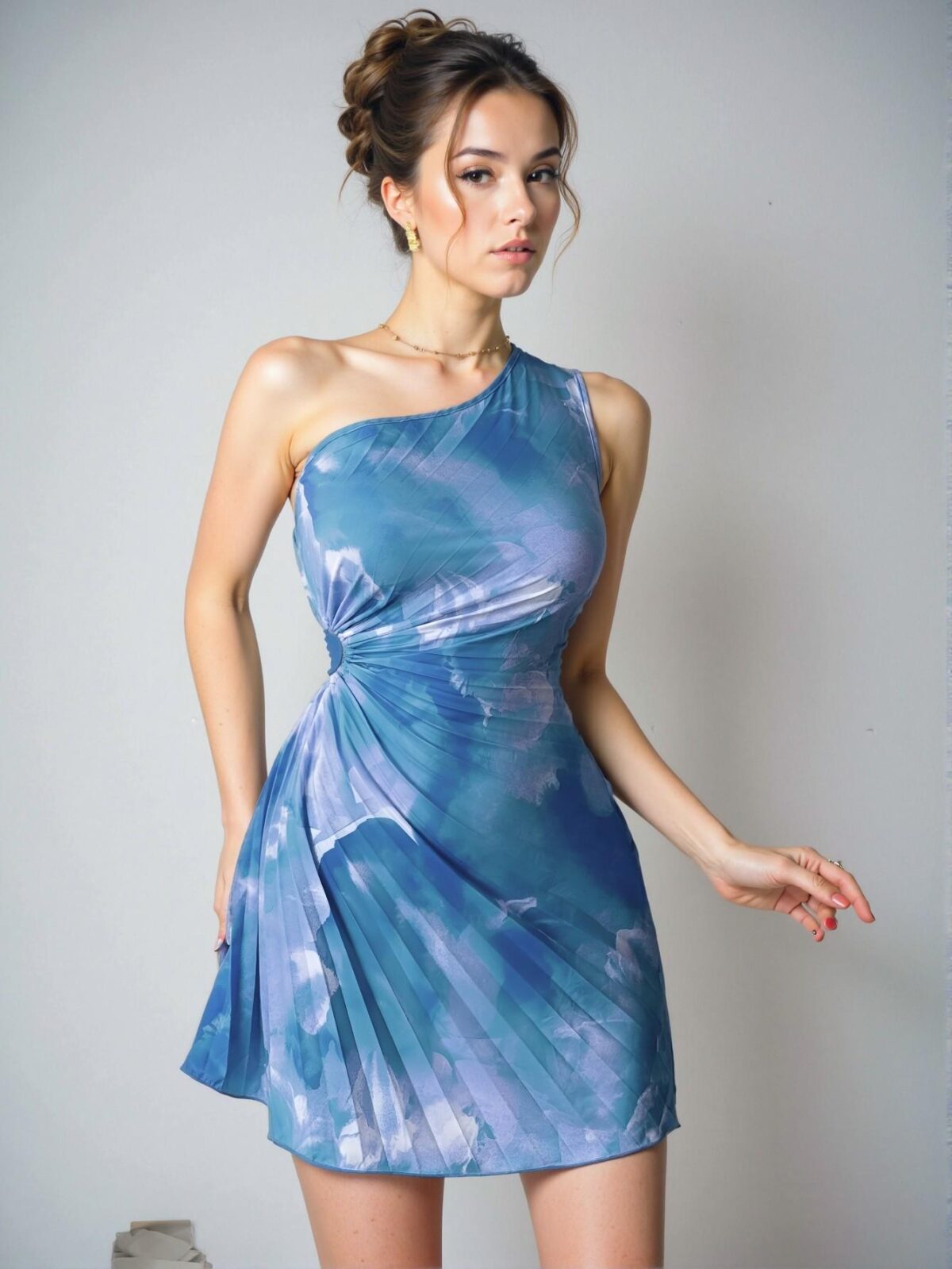 Elegant Teal Blue Asymmetrical Neck Pleated A-Line Casual Vacation Dress for Spring and Summer - Chic, Classy and Trendy Fashion Style to Dress to Impress - Image 3