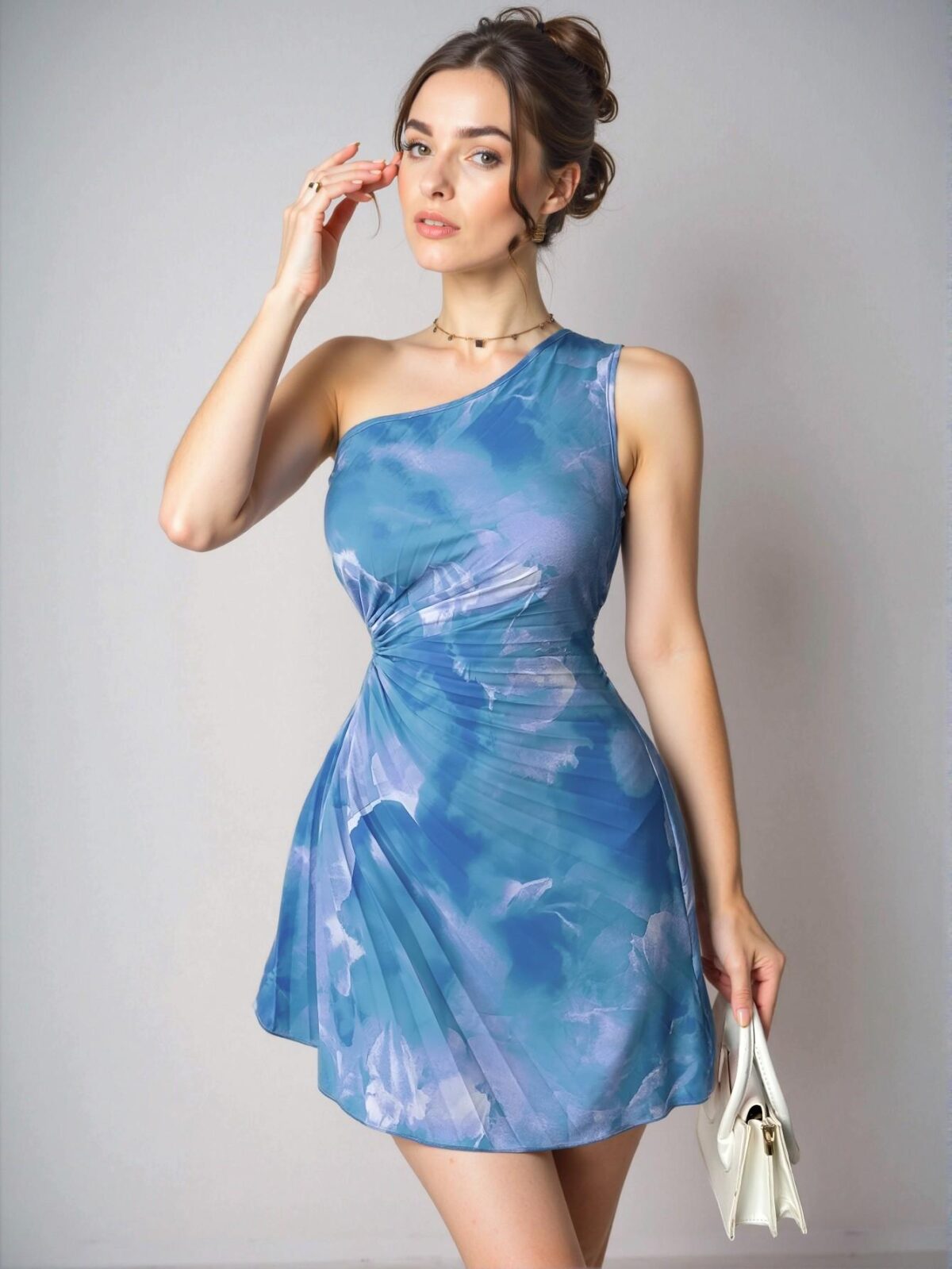 Elegant Teal Blue Asymmetrical Neck Pleated A-Line Casual Vacation Dress for Spring and Summer - Chic, Classy and Trendy Fashion Style to Dress to Impress - Image 5
