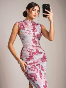 Elegant Multicolor Slim-Fit Knitted Floral Pleated Midi Dress with Side Slit for Effortless Style on Holidays and Everyday Wear - Chic, Classy and Trendy Fashion Style to Dress to Impress