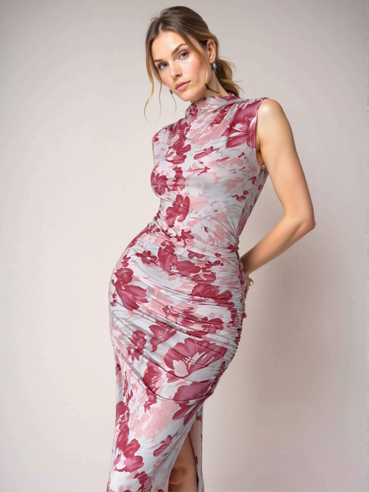 Elegant Multicolor Slim-Fit Knitted Floral Pleated Midi Dress with Side Slit for Effortless Style on Holidays and Everyday Wear - Chic, Classy and Trendy Fashion Style to Dress to Impress - Image 5
