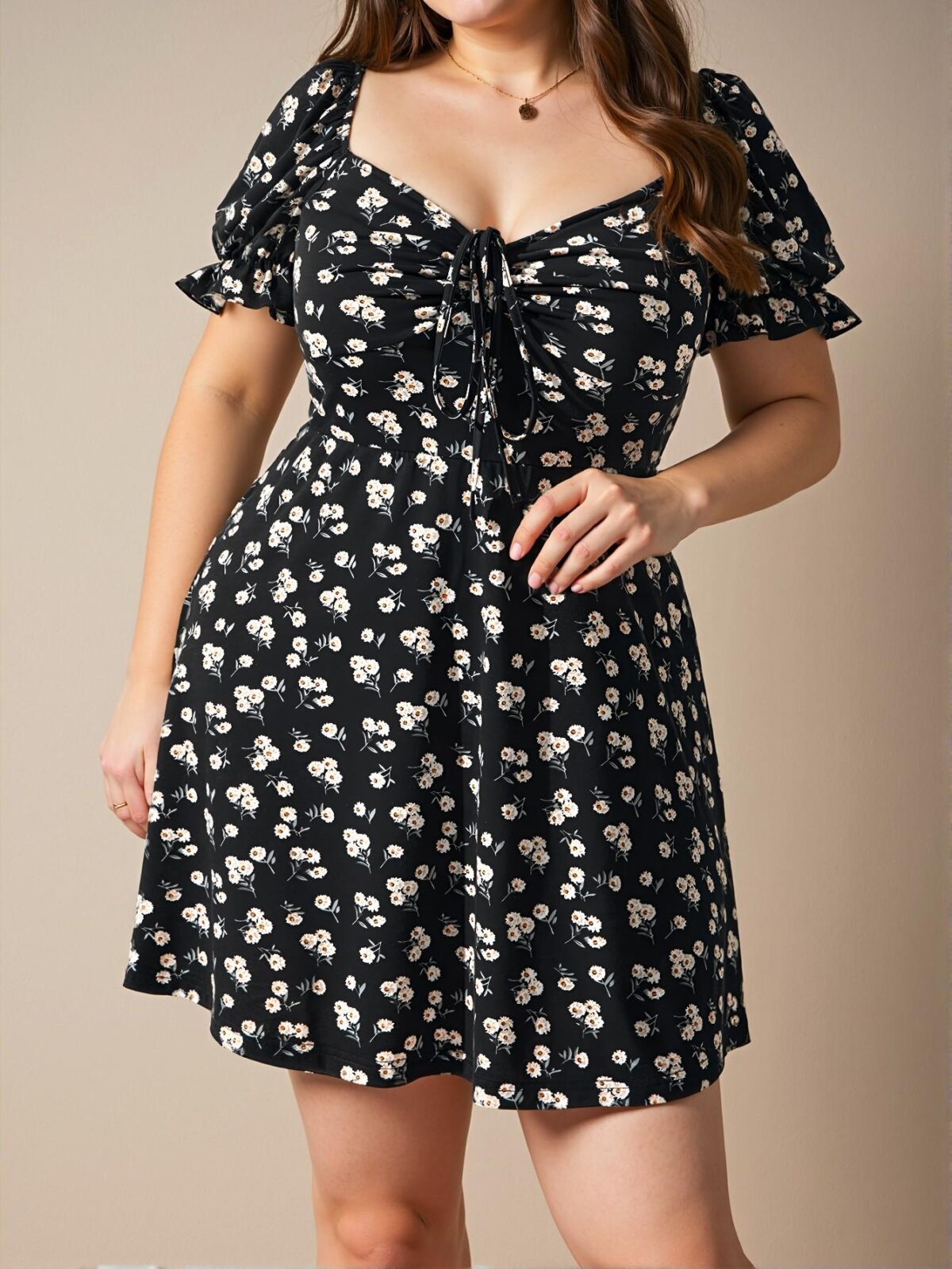 Elegant Black Ruched Bust Knot Front Puff Sleeve Summer Floral Dress for Beach and Holiday Outfits - Chic, Classy and Trendy Fashion Style to Dress to Impress