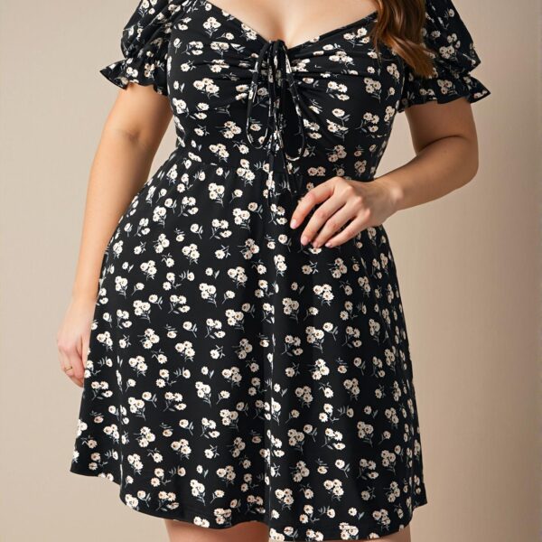 Elegant Black Ruched Bust Knot Front Puff Sleeve Summer Floral Dress for Beach and Holiday Outfits - Chic, Classy and Trendy Fashion Style to Dress to Impress