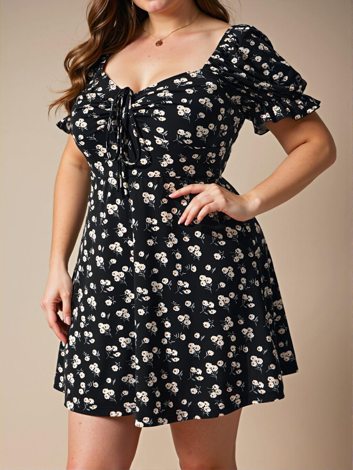 Elegant Black Ruched Bust Knot Front Puff Sleeve Summer Floral Dress for Beach and Holiday Outfits - Chic, Classy and Trendy Fashion Style to Dress to Impress - Image 2