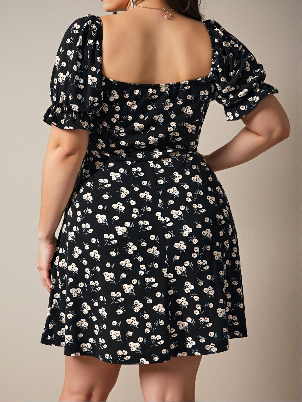 Elegant Black Ruched Bust Knot Front Puff Sleeve Summer Floral Dress for Beach and Holiday Outfits - Chic, Classy and Trendy Fashion Style to Dress to Impress - Image 3
