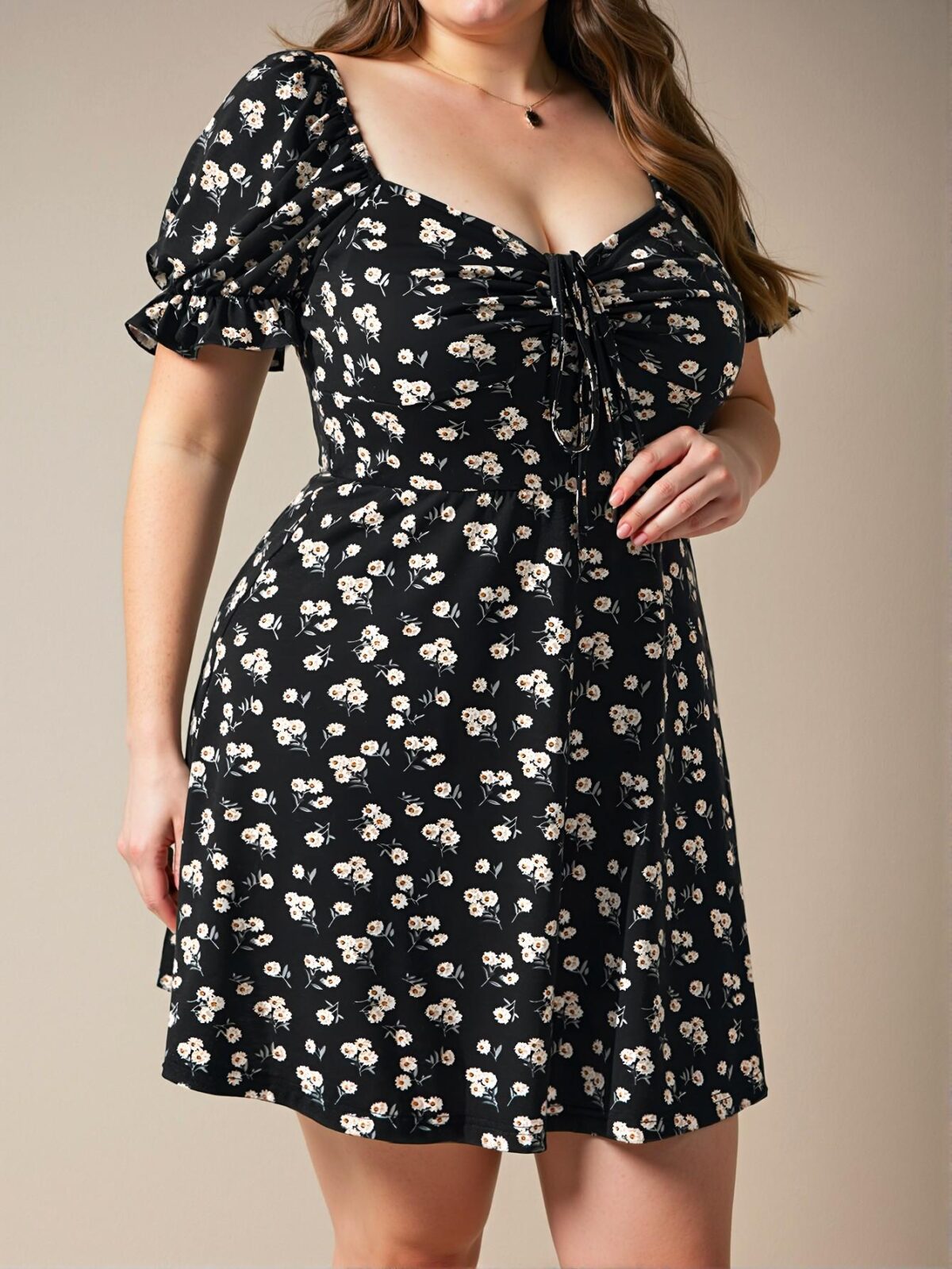 Elegant Black Ruched Bust Knot Front Puff Sleeve Summer Floral Dress for Beach and Holiday Outfits - Chic, Classy and Trendy Fashion Style to Dress to Impress - Image 4