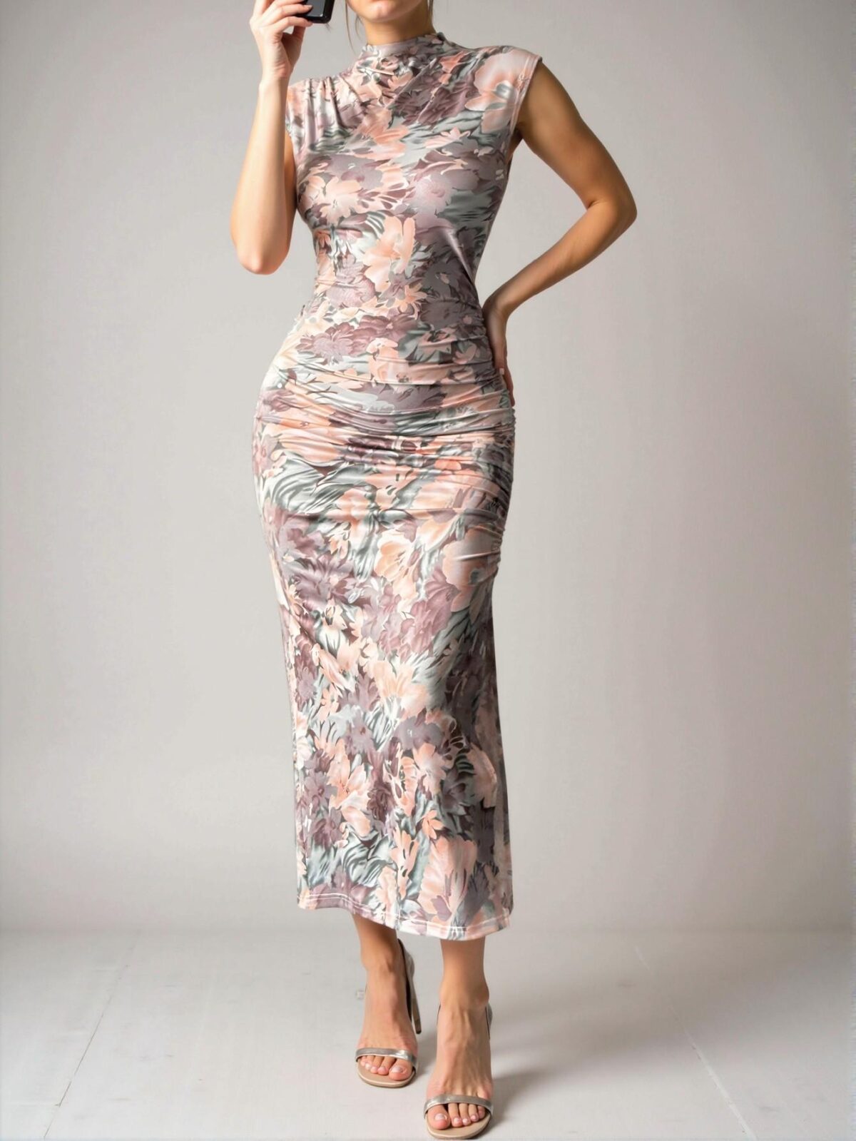 Elegant Pink Slim-Fit Pleated Midi Dress with Floral Print and Side Slit for Effortless Spring and Summer Style, Chic, Classy and Trendy Fashion to Dress to Impress - Image 5