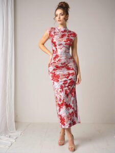 Elegant Red Floral Print Slim-Fit Knitted Pleated Midi Dress with Slit for Holiday and Daily Wear in Spring and Summer - Chic, Classy and Trendy Fashion Style to Dress to Impress