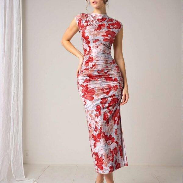 Elegant Red Floral Print Slim-Fit Knitted Pleated Midi Dress with Slit for Holiday and Daily Wear in Spring and Summer - Chic, Classy and Trendy Fashion Style to Dress to Impress