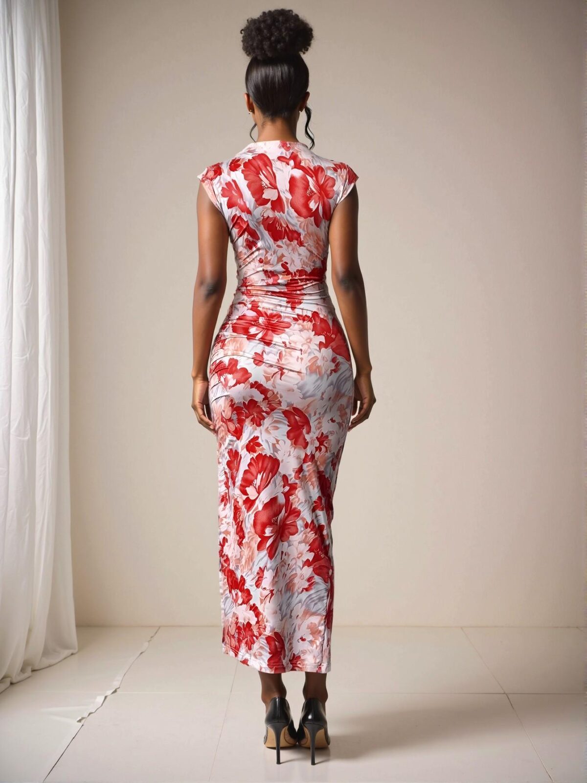 Elegant Red Floral Print Slim-Fit Knitted Pleated Midi Dress with Slit for Holiday and Daily Wear in Spring and Summer - Chic, Classy and Trendy Fashion Style to Dress to Impress - Image 2