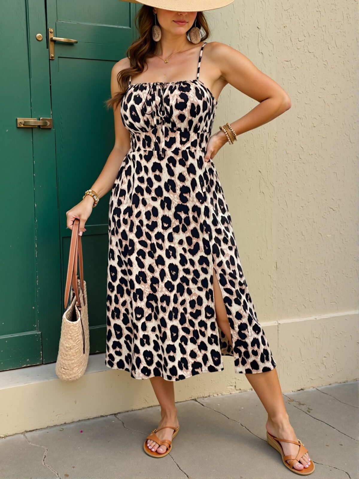 Elegant Multicolor Stylish Leopard Print Cami Dress with Split Hem for Holiday and Vacation Wear - Chic, Classy and Trendy Fashion Style to Dress to Impress.