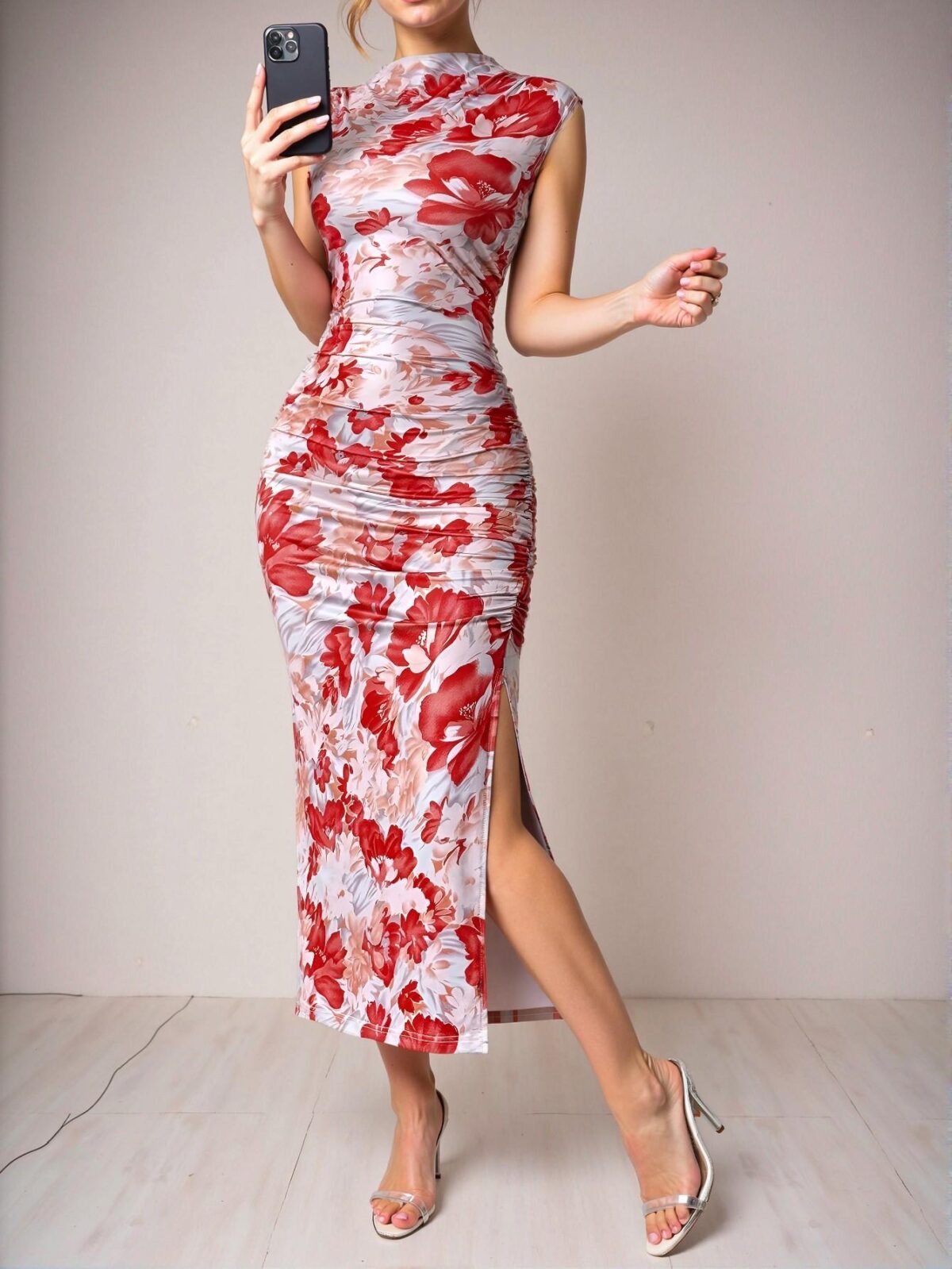 Elegant Red Floral Print Slim-Fit Knitted Pleated Midi Dress with Slit for Holiday and Daily Wear in Spring and Summer - Chic, Classy and Trendy Fashion Style to Dress to Impress - Image 3