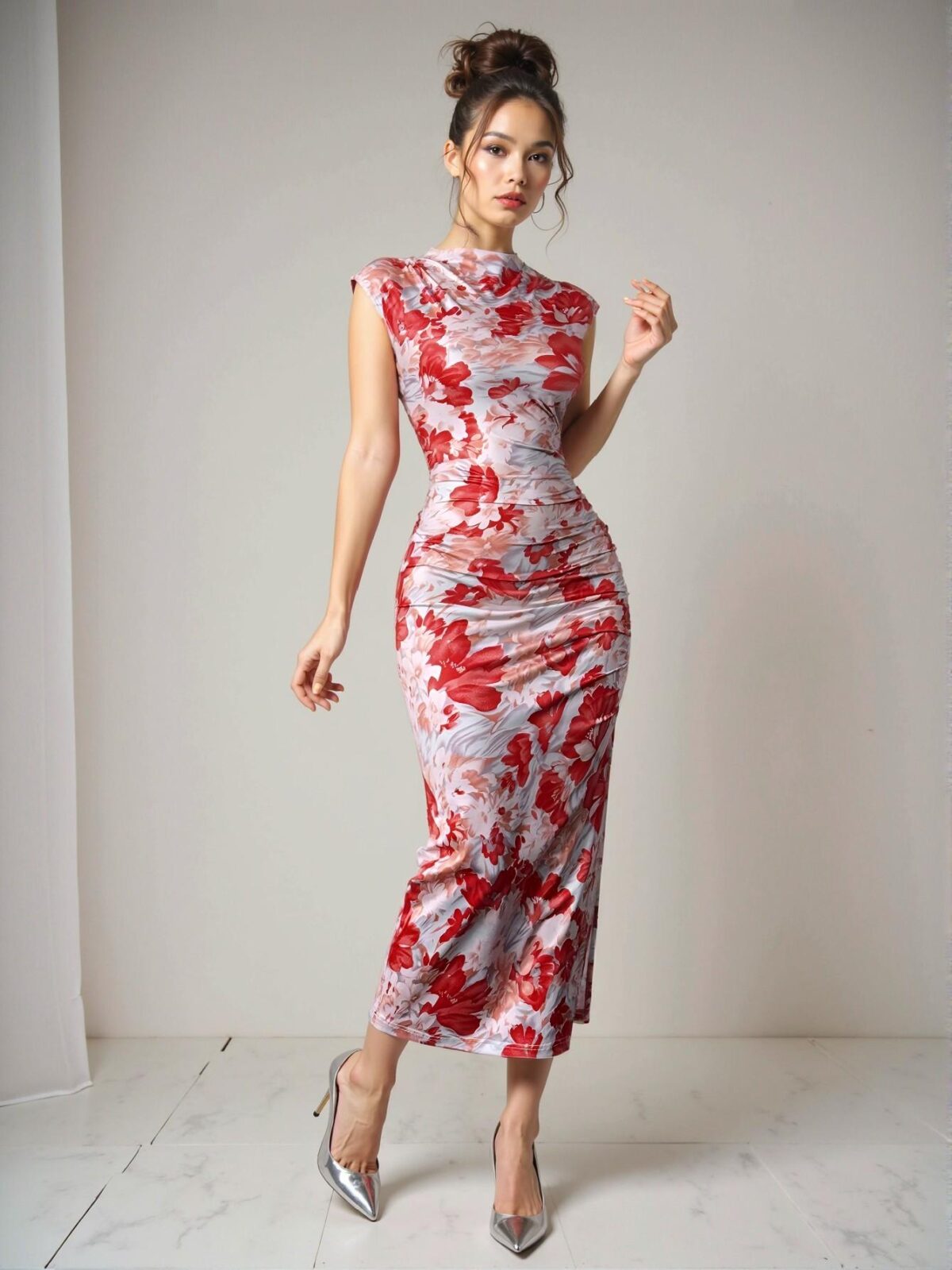 Elegant Red Floral Print Slim-Fit Knitted Pleated Midi Dress with Slit for Holiday and Daily Wear in Spring and Summer - Chic, Classy and Trendy Fashion Style to Dress to Impress - Image 5
