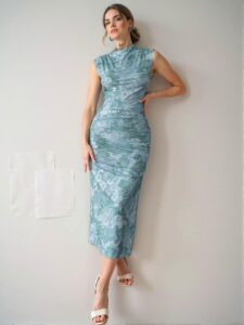 Elegant Teal Blue Slim-Fit Midi Dress with Floral Print and Side Slit, Perfect for Summer Holidays and Daily Wear - Chic, Classy and Trendy Fashion Style to Dress to Impress