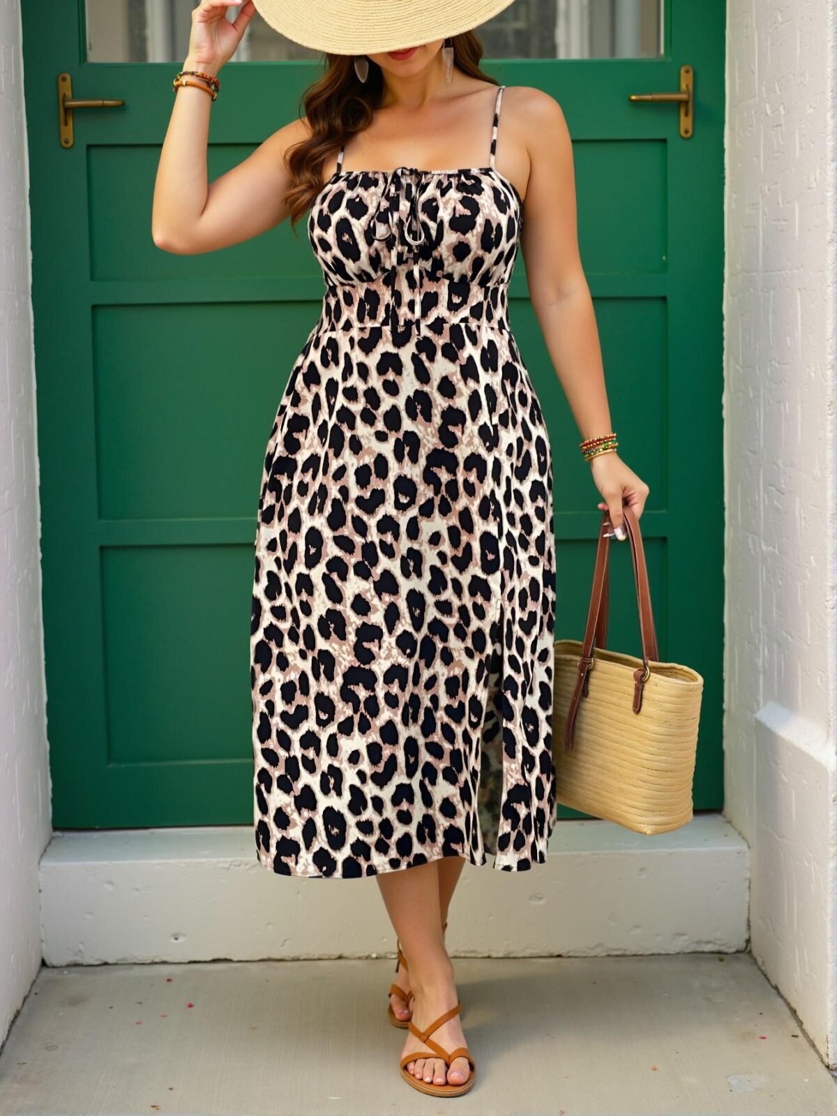 Elegant Multicolor Stylish Leopard Print Cami Dress with Split Hem for Holiday and Vacation Wear - Chic, Classy and Trendy Fashion Style to Dress to Impress. - Image 5