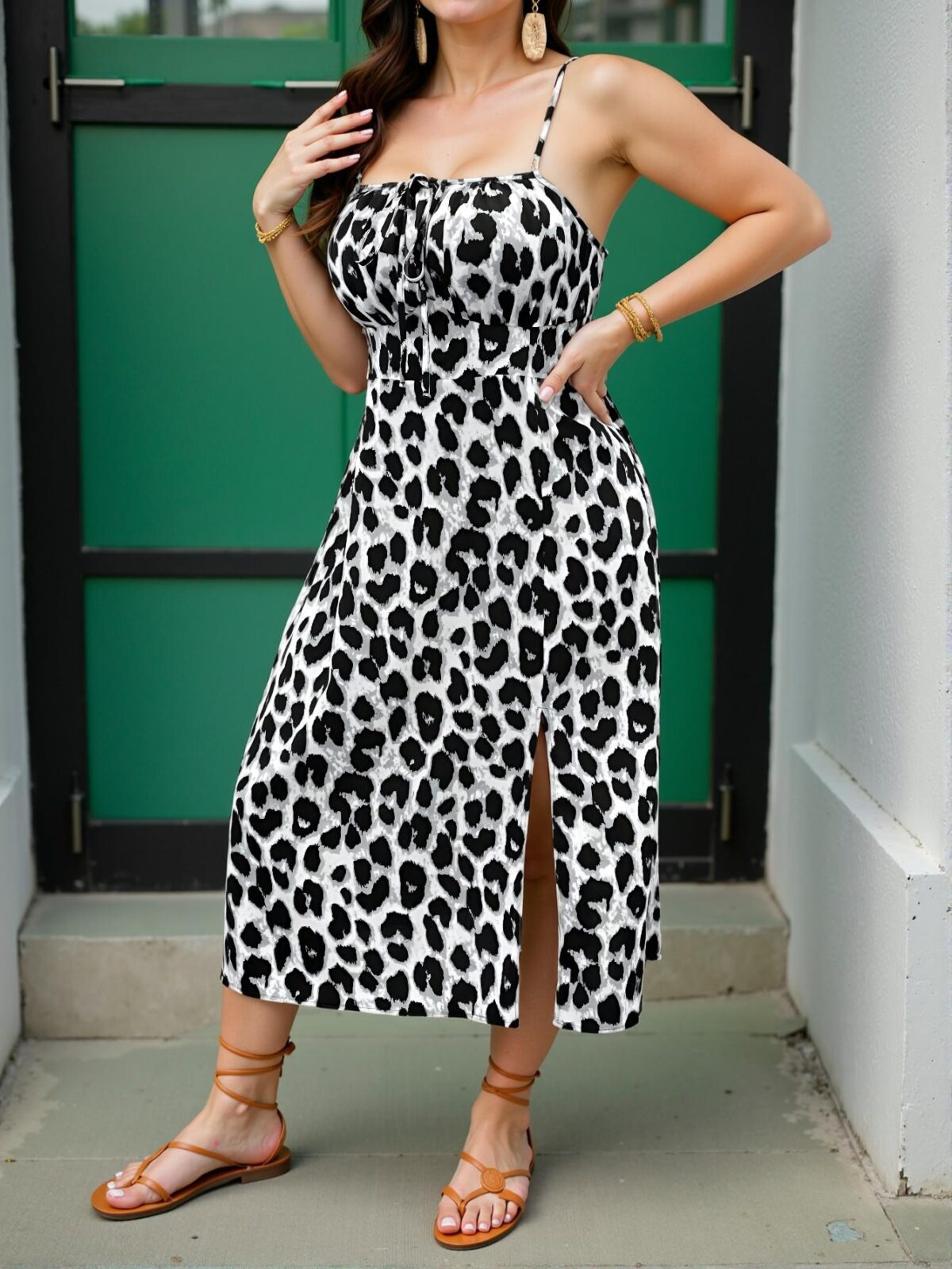 Elegant Grey Chic Summer Cami Dress with Spaghetti Straps and Leopard Print - Perfect for a Stylish and Trendy Look to Impress - Image 3