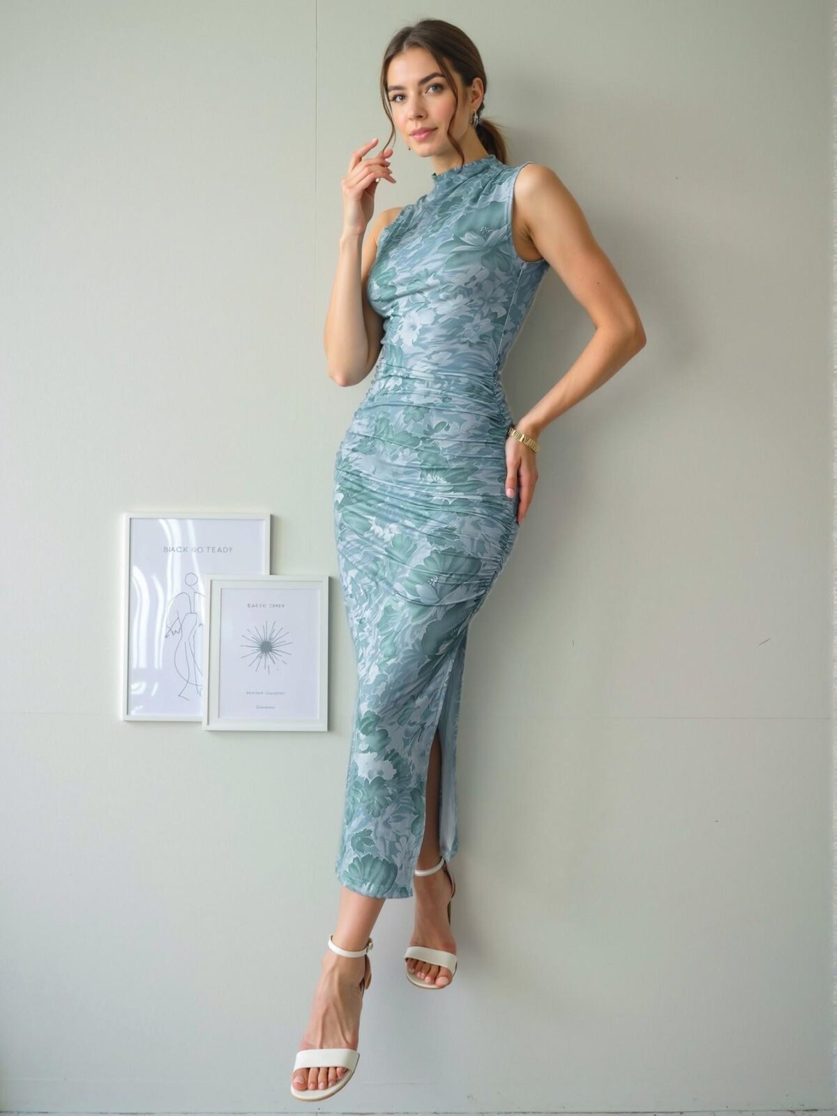 Elegant Teal Blue Slim-Fit Midi Dress with Floral Print and Side Slit, Perfect for Summer Holidays and Daily Wear - Chic, Classy and Trendy Fashion Style to Dress to Impress - Image 5