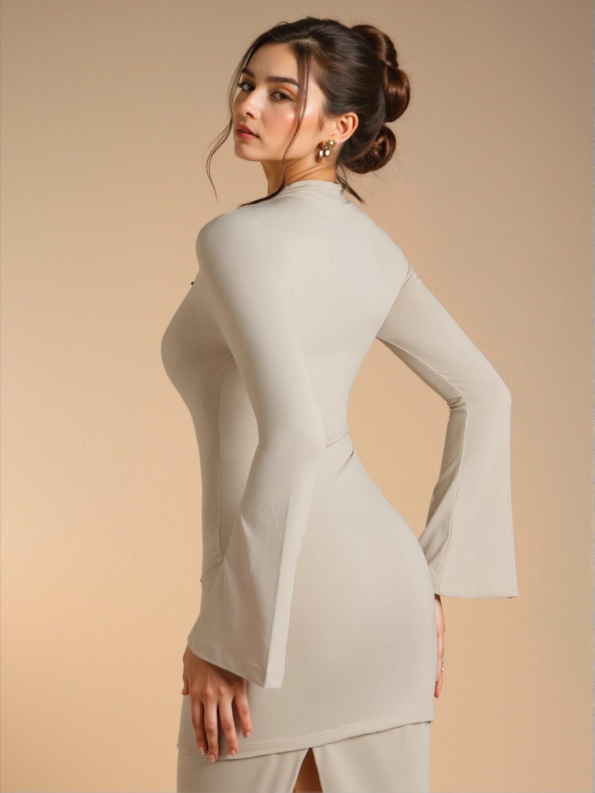 Elegant Apricot Bodycon Mini Dress with Long Sleeves and Ruched Detail for Year-Round Wear - Chic, Classy and Trendy Fashion Style to Dress to Impress - Image 2