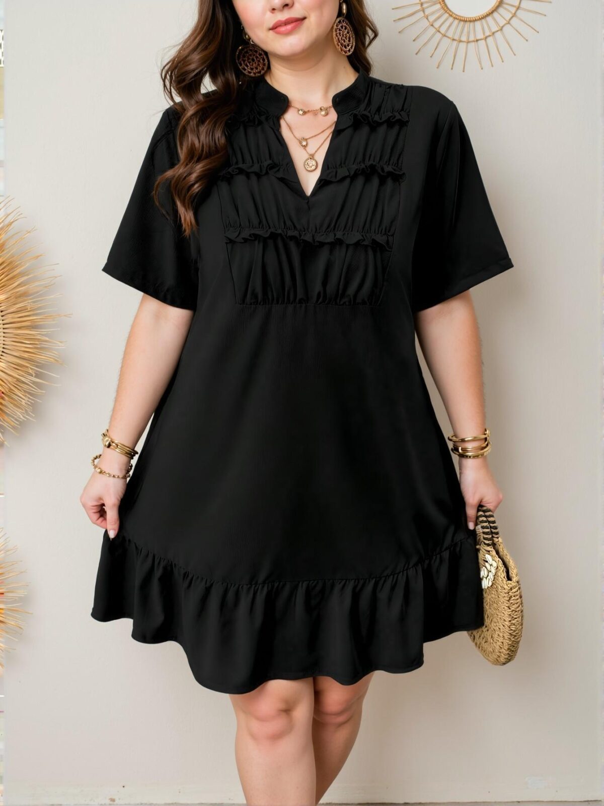 Elegant Black Flattering V-Neck Ruched Cut-Out Detail Dress Chic, Classy and Trendy Fashion Style to Dress to Impress
