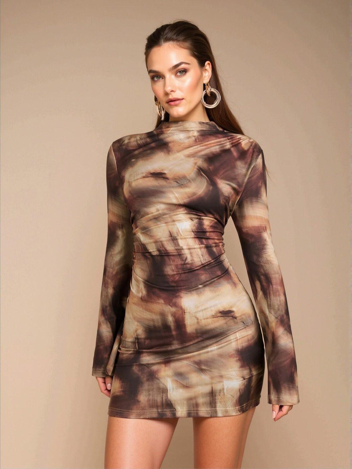 Elegant Brown Asymmetrical Ruched Mini Dress with Mock Neck, Ideal for Cocktail Parties, Romantic Dates, and Seasonal Festivities - Chic, Classy and Trendy Fashion Style to Dress to Impress - Image 3