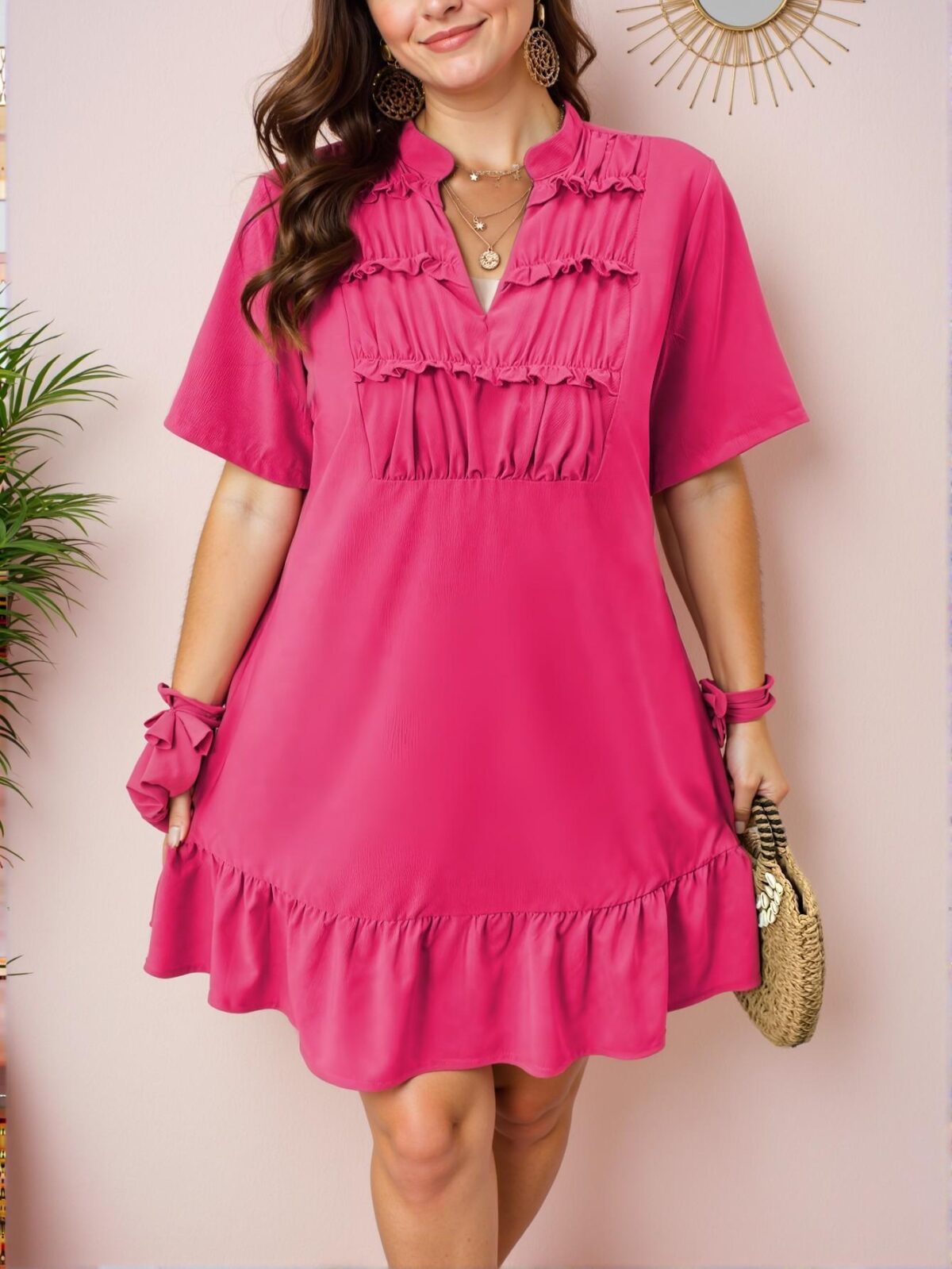 Elegant Hot Pink Stylish Plus Size V-Neck Draped Cut-Out Casual Dress for Chic, Classy and Trendy Fashion Style to Dress to Impress