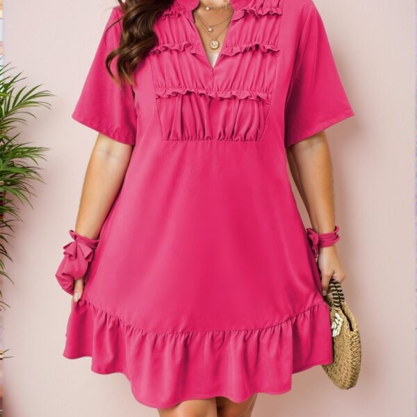 Elegant Hot Pink Stylish Plus Size V-Neck Draped Cut-Out Casual Dress for Chic, Classy and Trendy Fashion Style to Dress to Impress