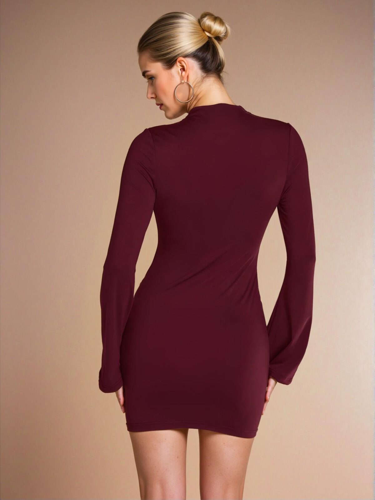 Elegant Burgundy Mock Neck Ruched Mini Flare Long Sleeve Dress, Perfect for Autumn/Winter as a Layered Base or Standout Outfit for Daily, Business Casual, and Spring/Summer Events - Chic, Classy, and Trendy Fashion Style to Dress to Impress - Image 2
