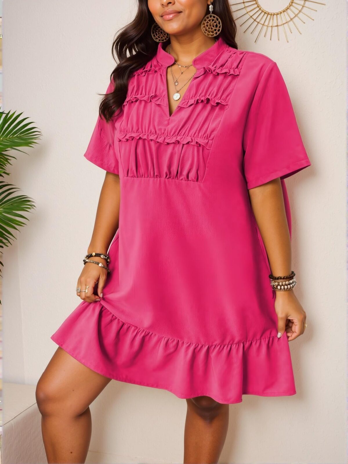 Elegant Hot Pink Stylish Plus Size V-Neck Draped Cut-Out Casual Dress for Chic, Classy and Trendy Fashion Style to Dress to Impress - Image 4