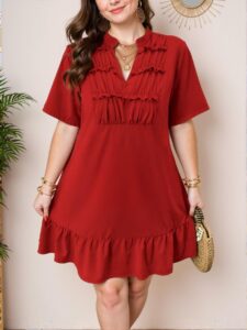Elegant Red Casual V-Neck Ruched Flounce Dress for a Chic, Classy and Trendy Fashion Style to Dress to Impress