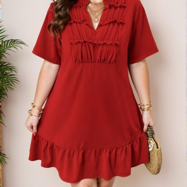 Elegant Red Casual V-Neck Ruched Flounce Dress for a Chic, Classy and Trendy Fashion Style to Dress to Impress