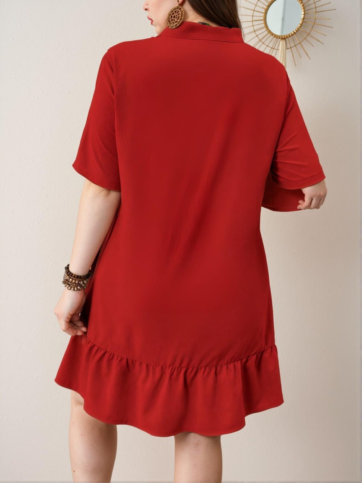 Elegant Red Casual V-Neck Ruched Flounce Dress for a Chic, Classy and Trendy Fashion Style to Dress to Impress - Image 2