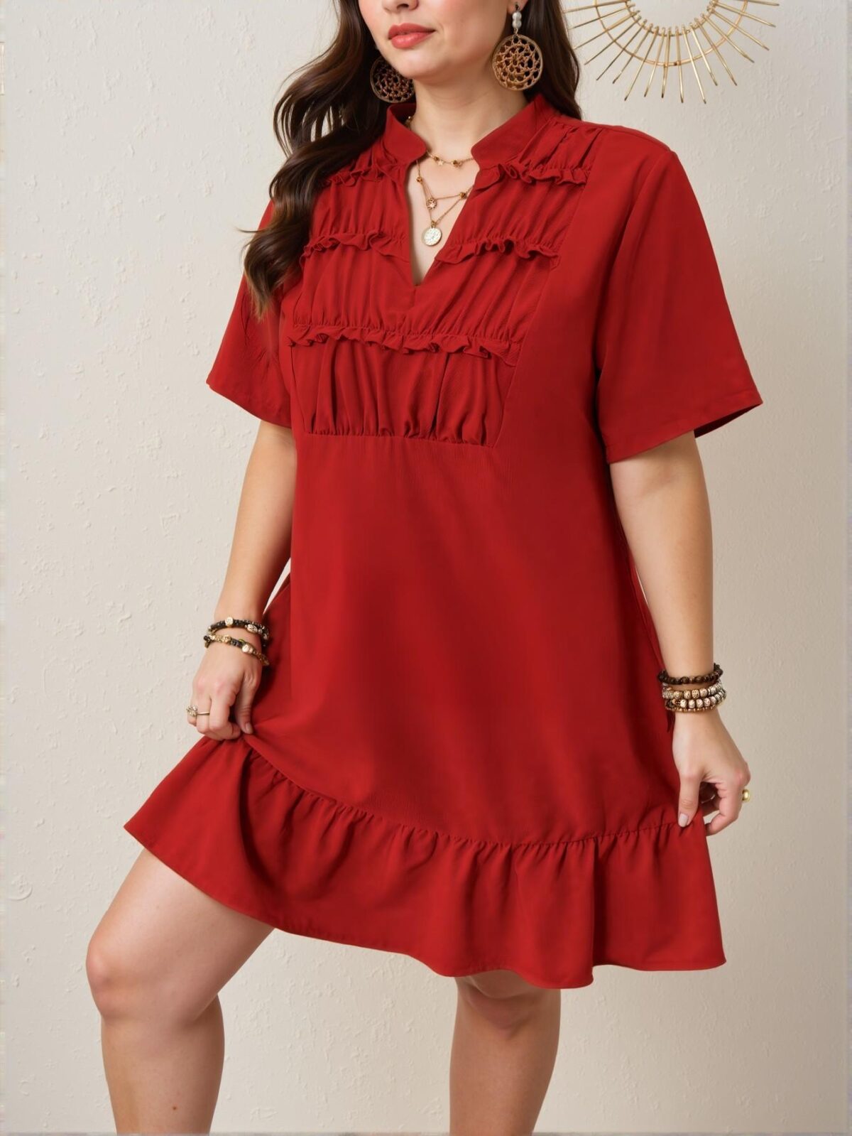 Elegant Red Casual V-Neck Ruched Flounce Dress for a Chic, Classy and Trendy Fashion Style to Dress to Impress - Image 3