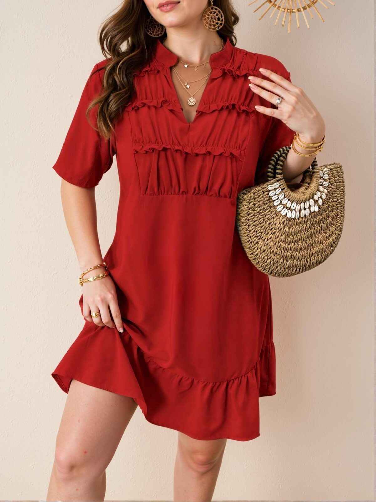 Elegant Red Casual V-Neck Ruched Flounce Dress for a Chic, Classy and Trendy Fashion Style to Dress to Impress - Image 4