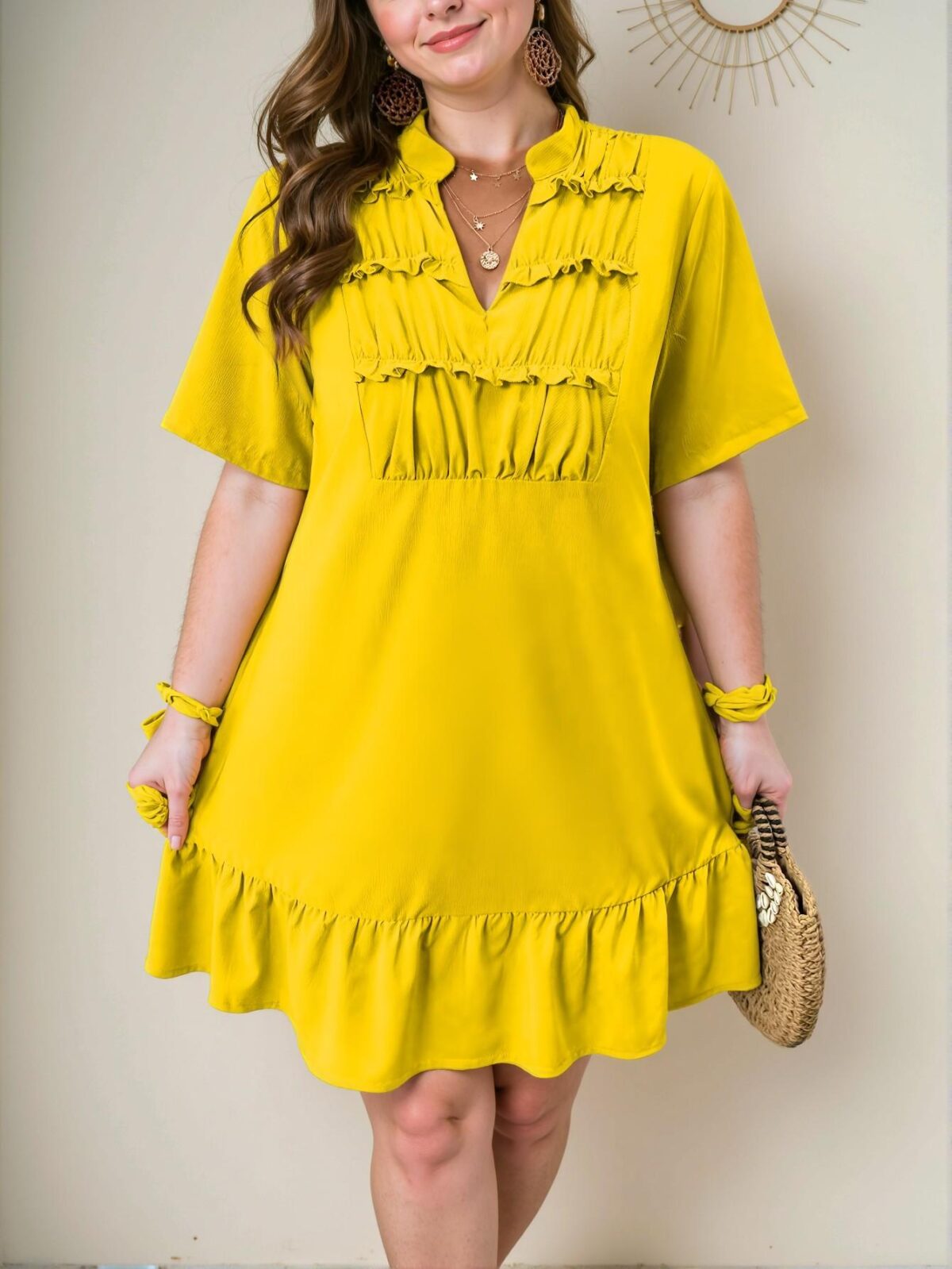 Elegant Yellow V-Neck Ruched Cutout Casual Dress with Flounce Hem - Chic, Classy and Trendy Fashion Style to Dress to Impress