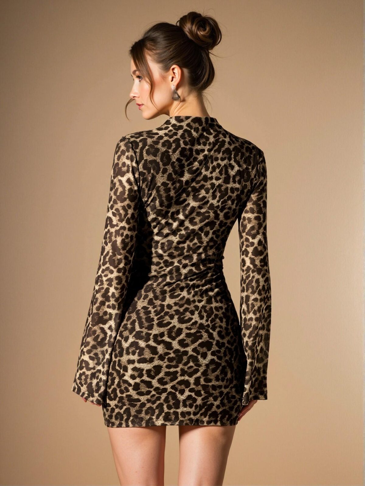 Elegant Khaki Bodycon Dress for Night Out and Office, Featuring Flare Sleeves and Chic Leopard Print Accents – A Stylish, Classy, and Trendy Fashion Choice to Make a Statement - Image 2