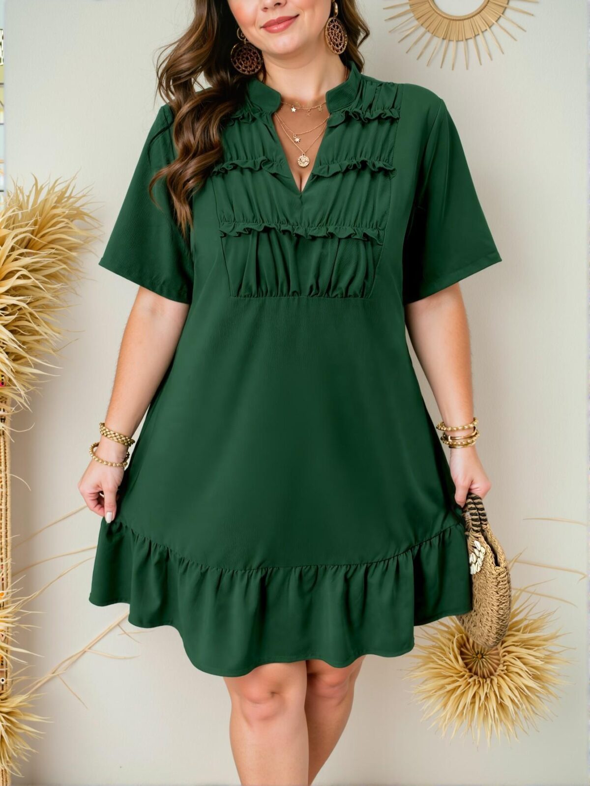 Elegant Dark Green Casual V-Neck Ruched Flounce Dress - Chic, Classy and Trendy Fashion Style to Dress to Impress