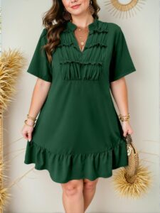 Elegant Dark Green Casual V-Neck Ruched Flounce Dress - Chic, Classy and Trendy Fashion Style to Dress to Impress