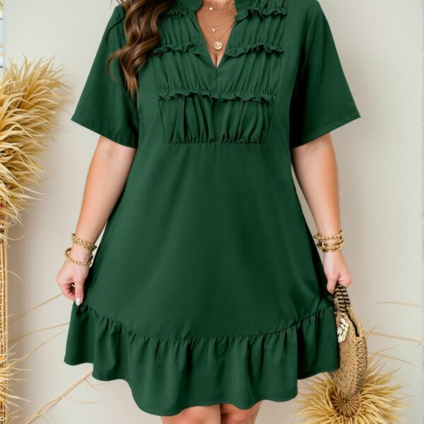 Elegant Dark Green Casual V-Neck Ruched Flounce Dress - Chic, Classy and Trendy Fashion Style to Dress to Impress