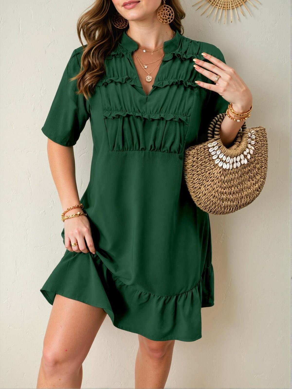 Elegant Dark Green Casual V-Neck Ruched Flounce Dress - Chic, Classy and Trendy Fashion Style to Dress to Impress - Image 3