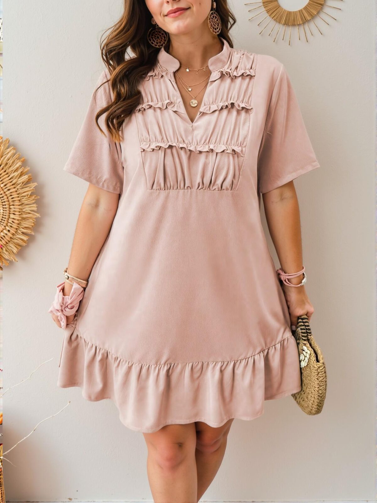 Elegant Dusty Pink Stylish Plus Size V-Neck Ruched Dress with Flounce Hem - Chic, Classy and Trendy Fashion Style to Dress to Impress